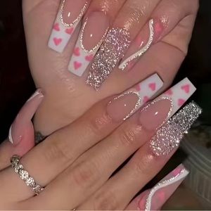 24 Pieces Fake Press On Nails Set Hearts Glitter Pink